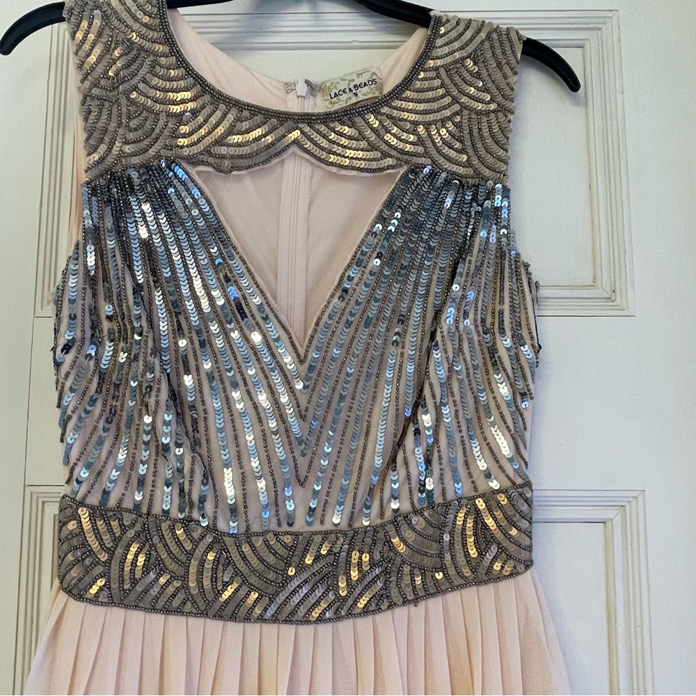 Women’s Lace & Beads evening gown/cocktail dress, pale pink, sequins, size S